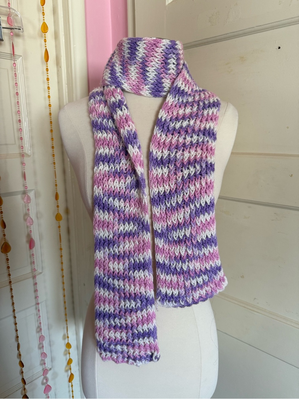 Hand Knit Chunky Scarf Pink Purple White Variegated Cottagecore